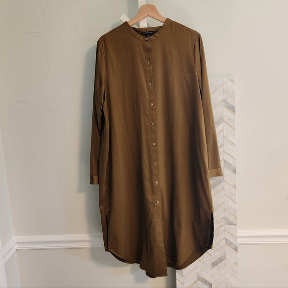 Eileen Fisher Large Gold Leaf Recycled Satin Long Shirt Dress Mandarin Collar - Picture 2 of 10